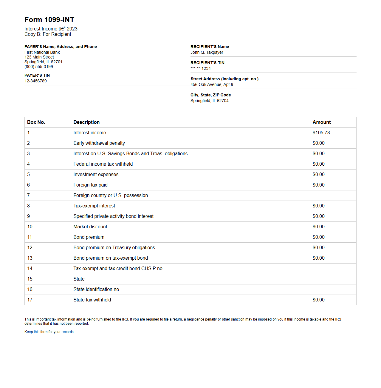 Form 1099-INT Example for Individual Tax Preparation