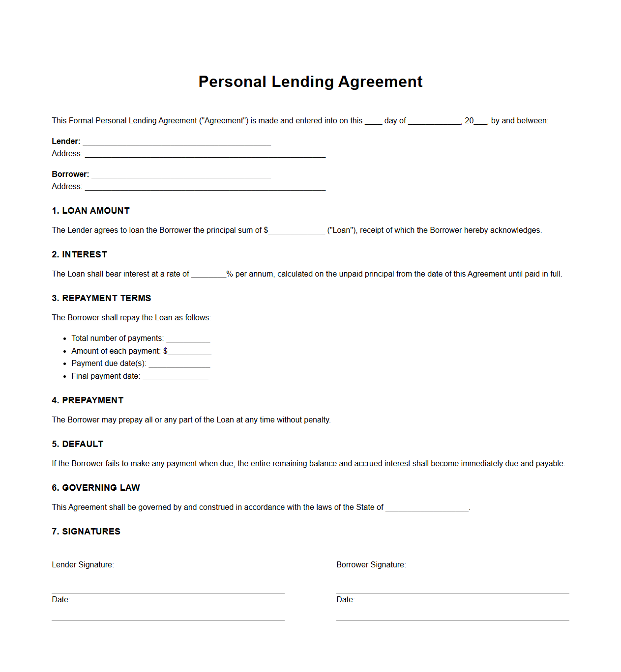 Formal Personal Lending Agreement Draft