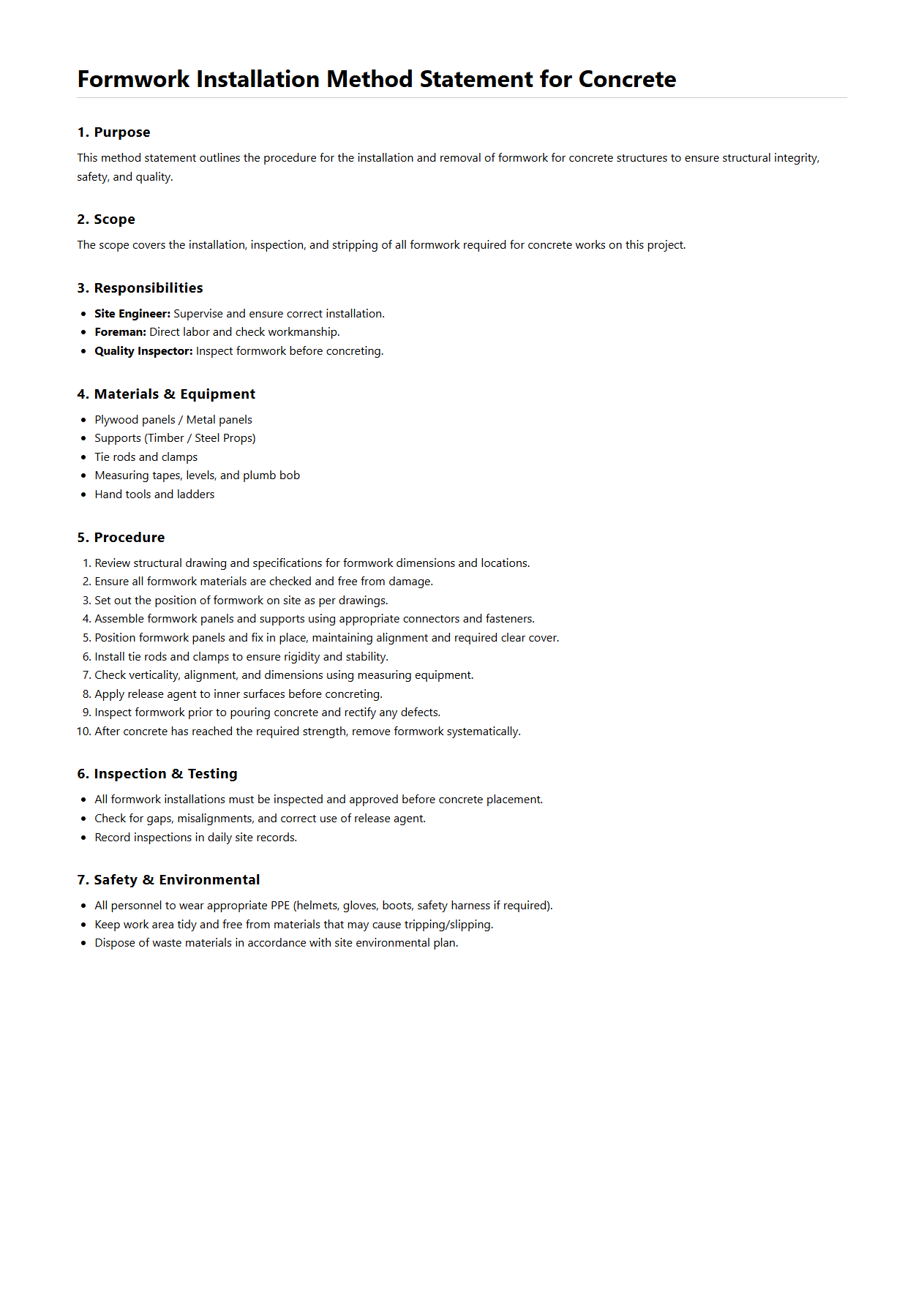 Formwork Installation Method Statement for Concrete