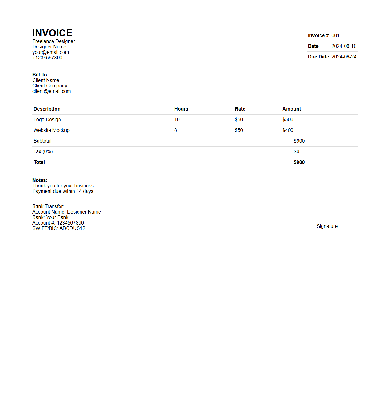 Freelance Designer Invoice Sample