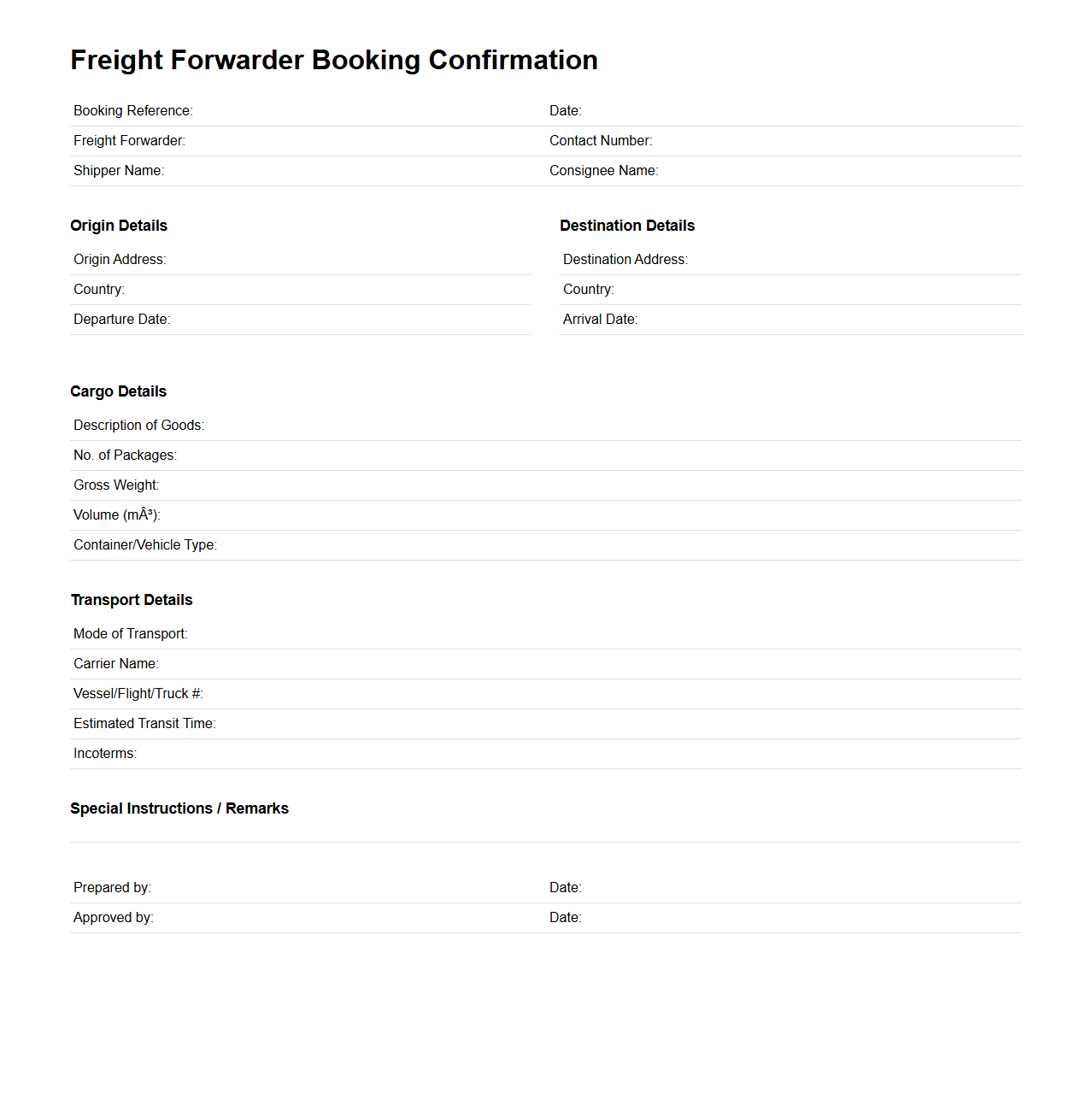 Freight Forwarder Booking Confirmation Document