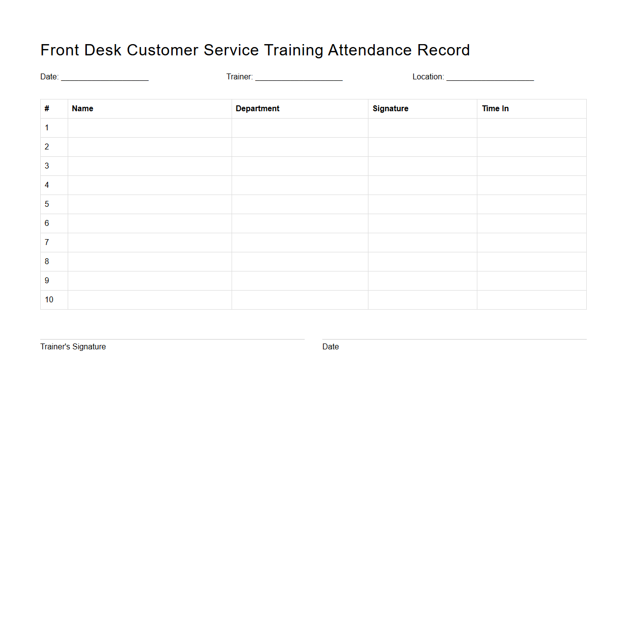 Front Desk Customer Service Training Attendance Record