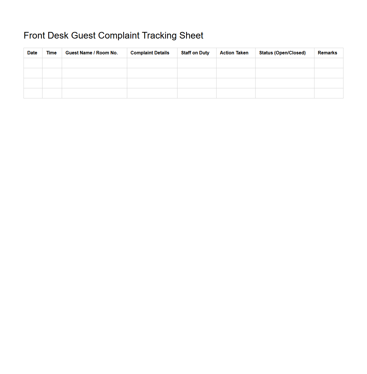 Front Desk Guest Complaint Tracking Sheet