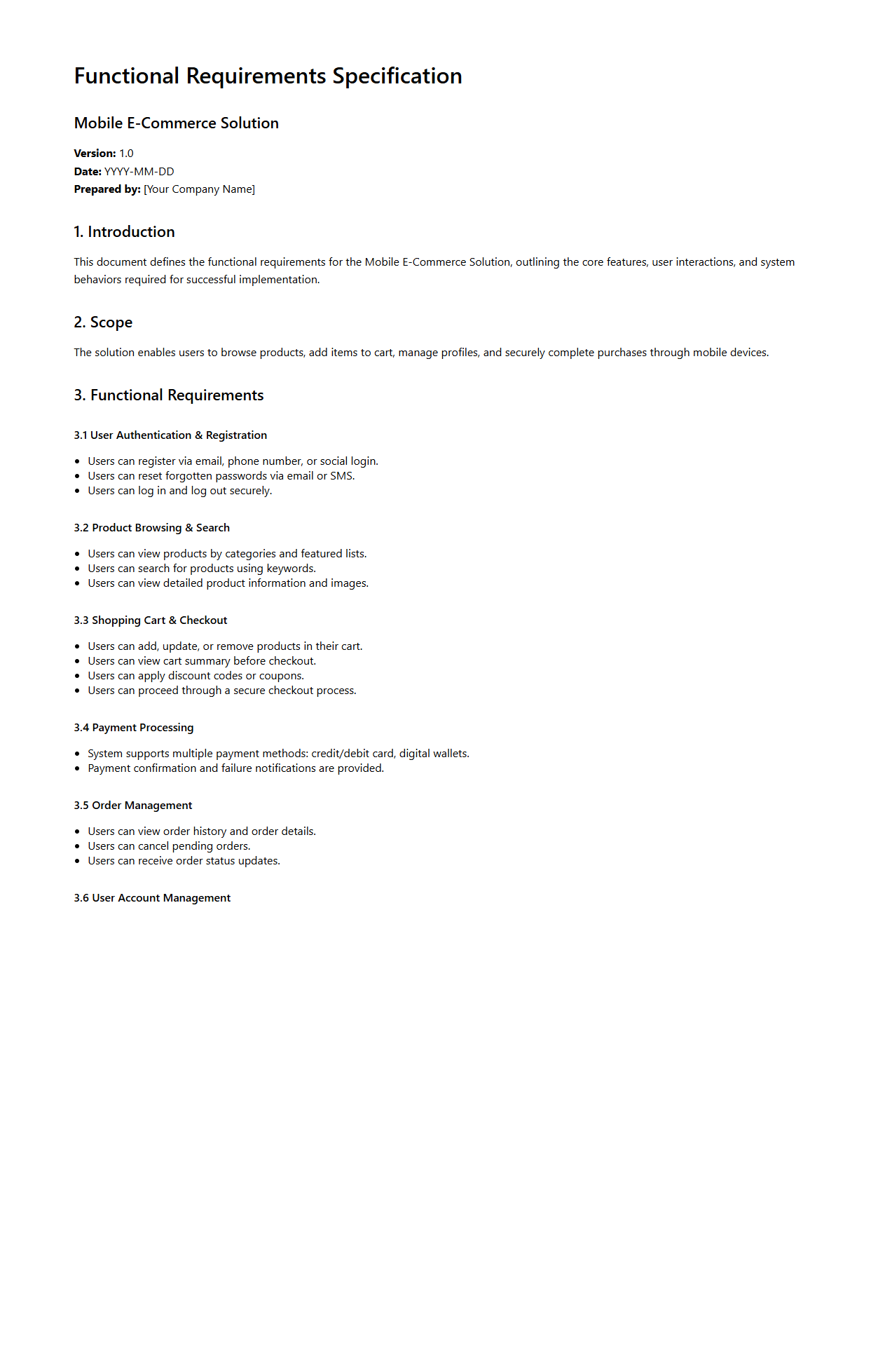 Functional Requirements Specification for Mobile E-Commerce Solution