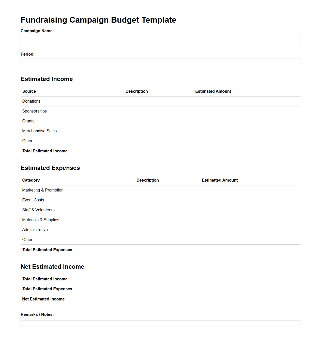 Fundraising Campaign Budget Template