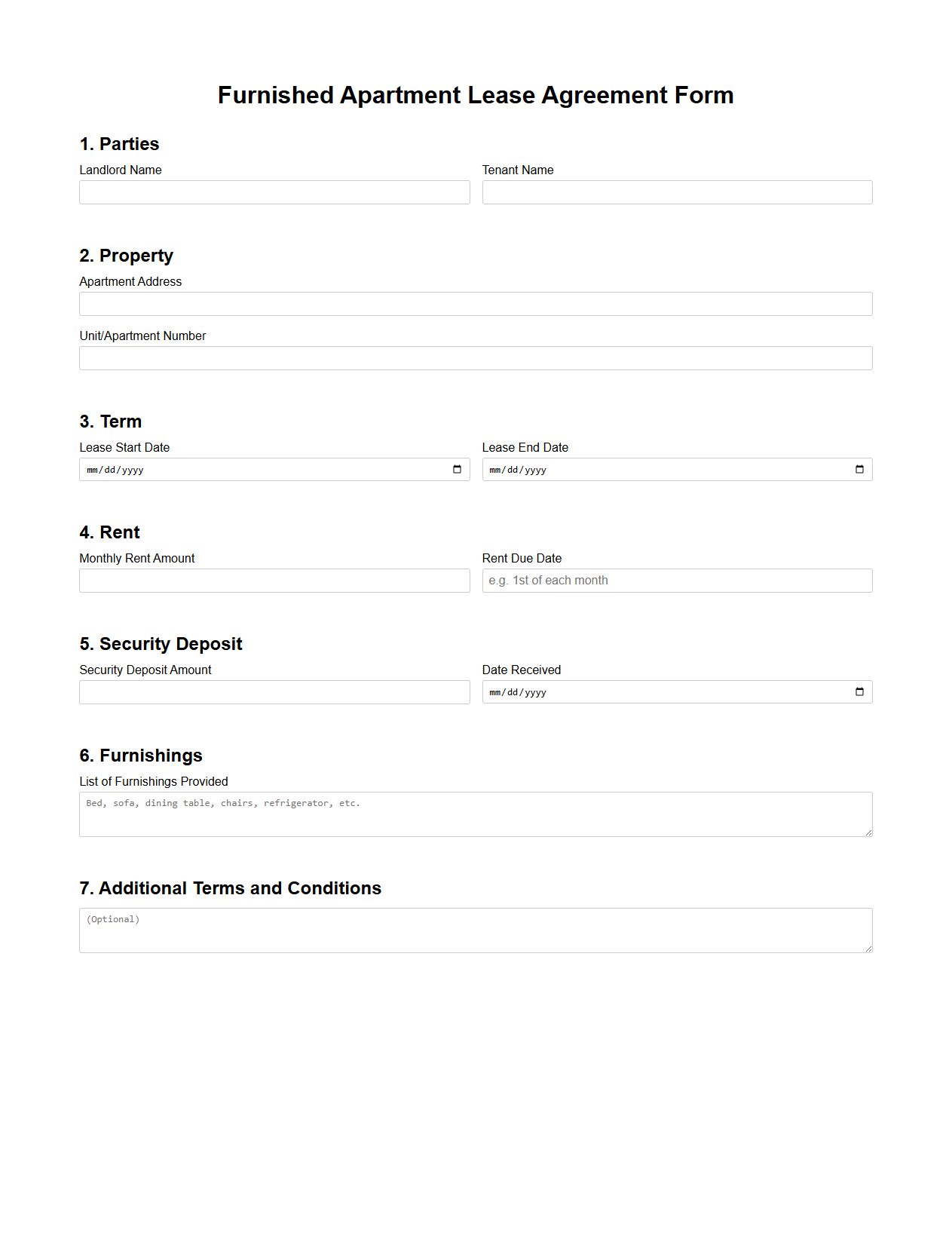 Furnished Apartment Lease Agreement Form