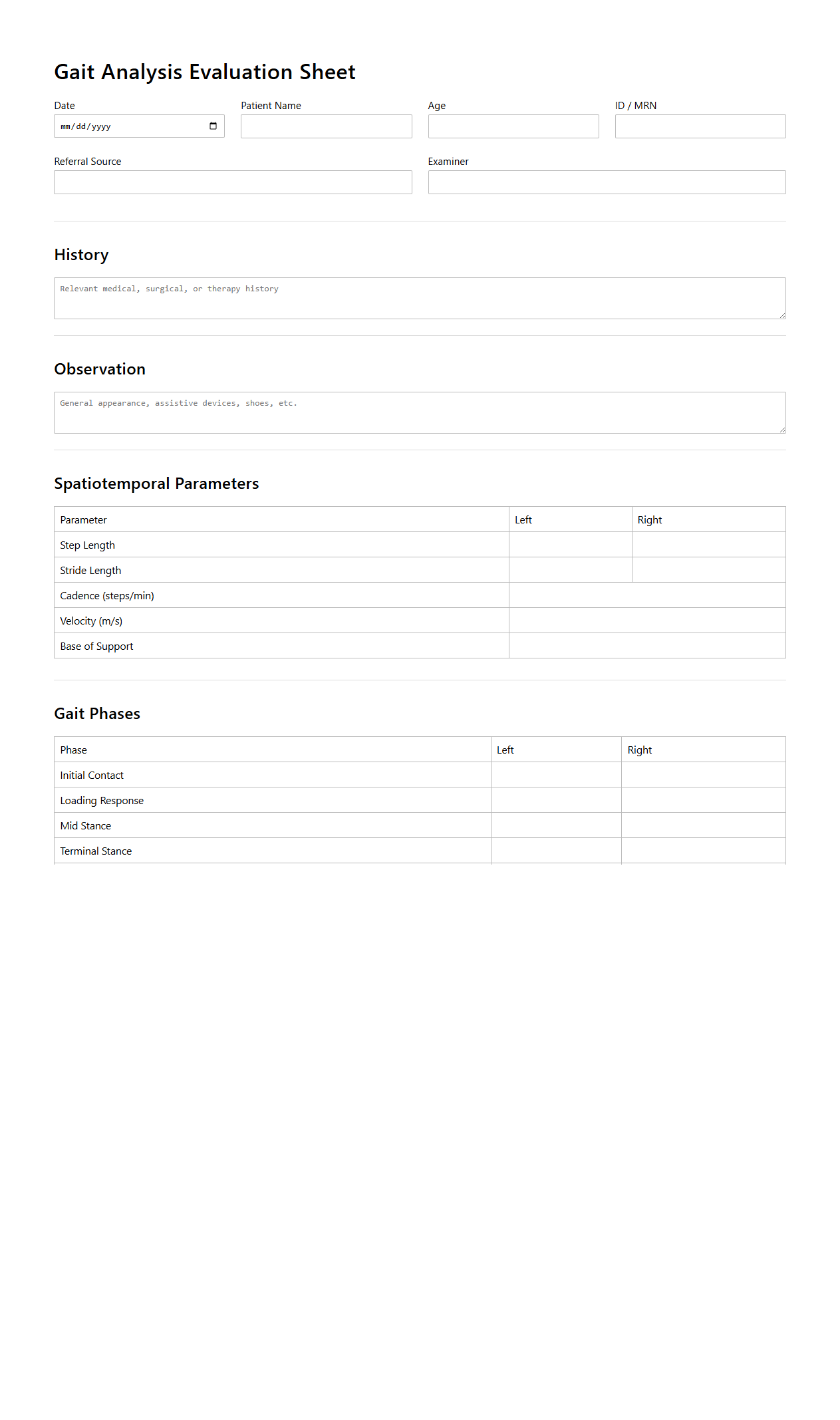 Gait Analysis Evaluation Sheet