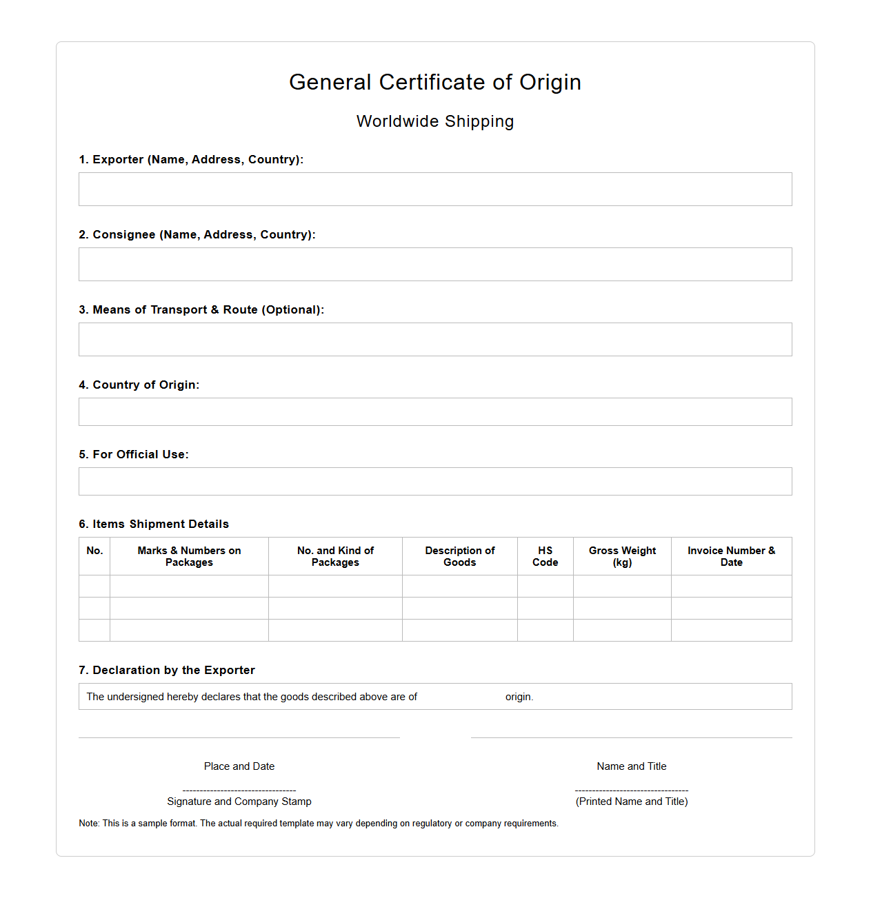 General Certificate of Origin Document for Worldwide Shipping