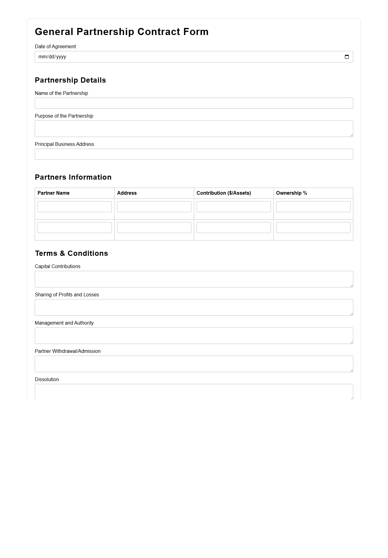 General Partnership Contract Form for Entrepreneurs