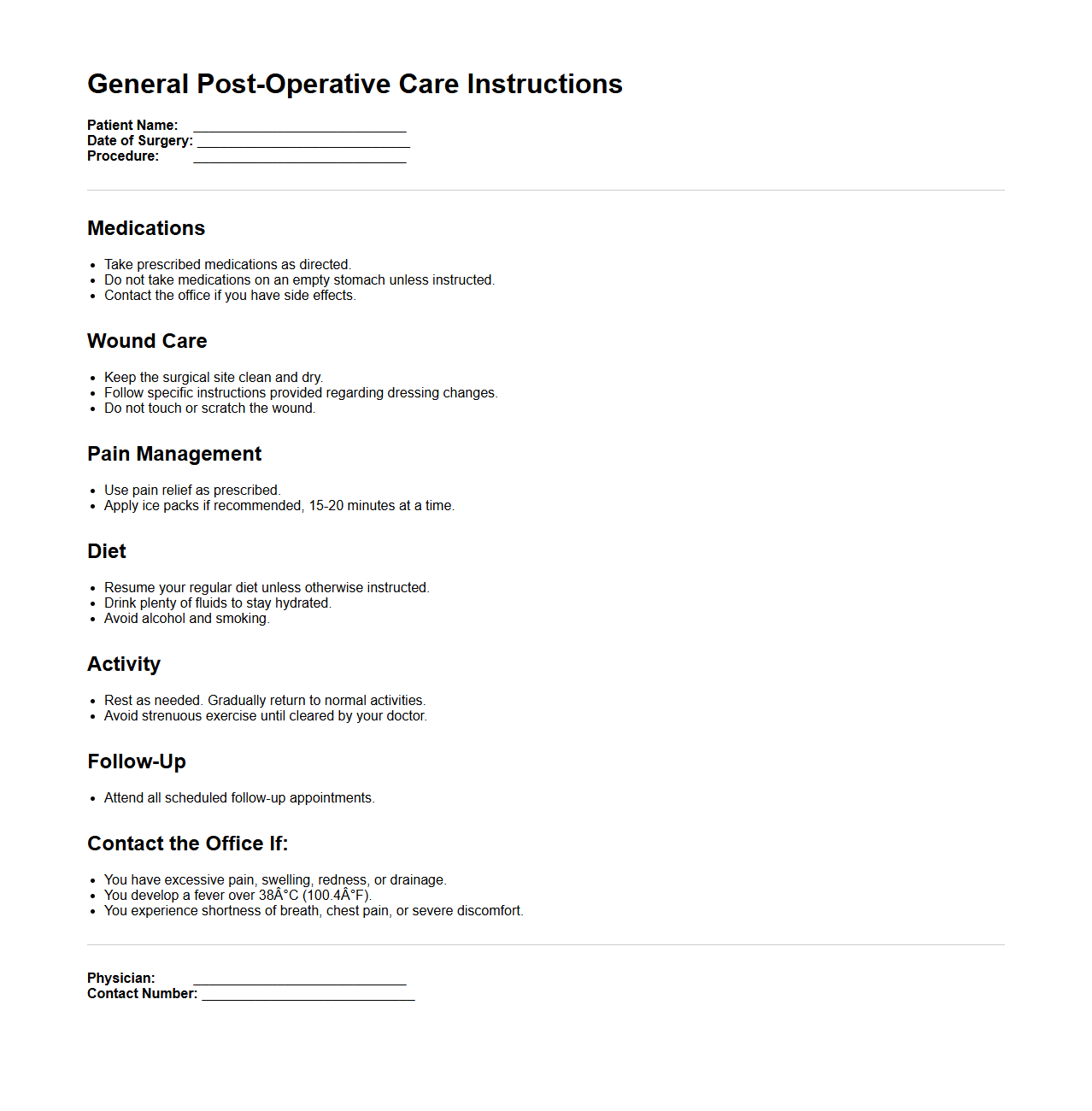 General Post-Operative Care Instructions Template