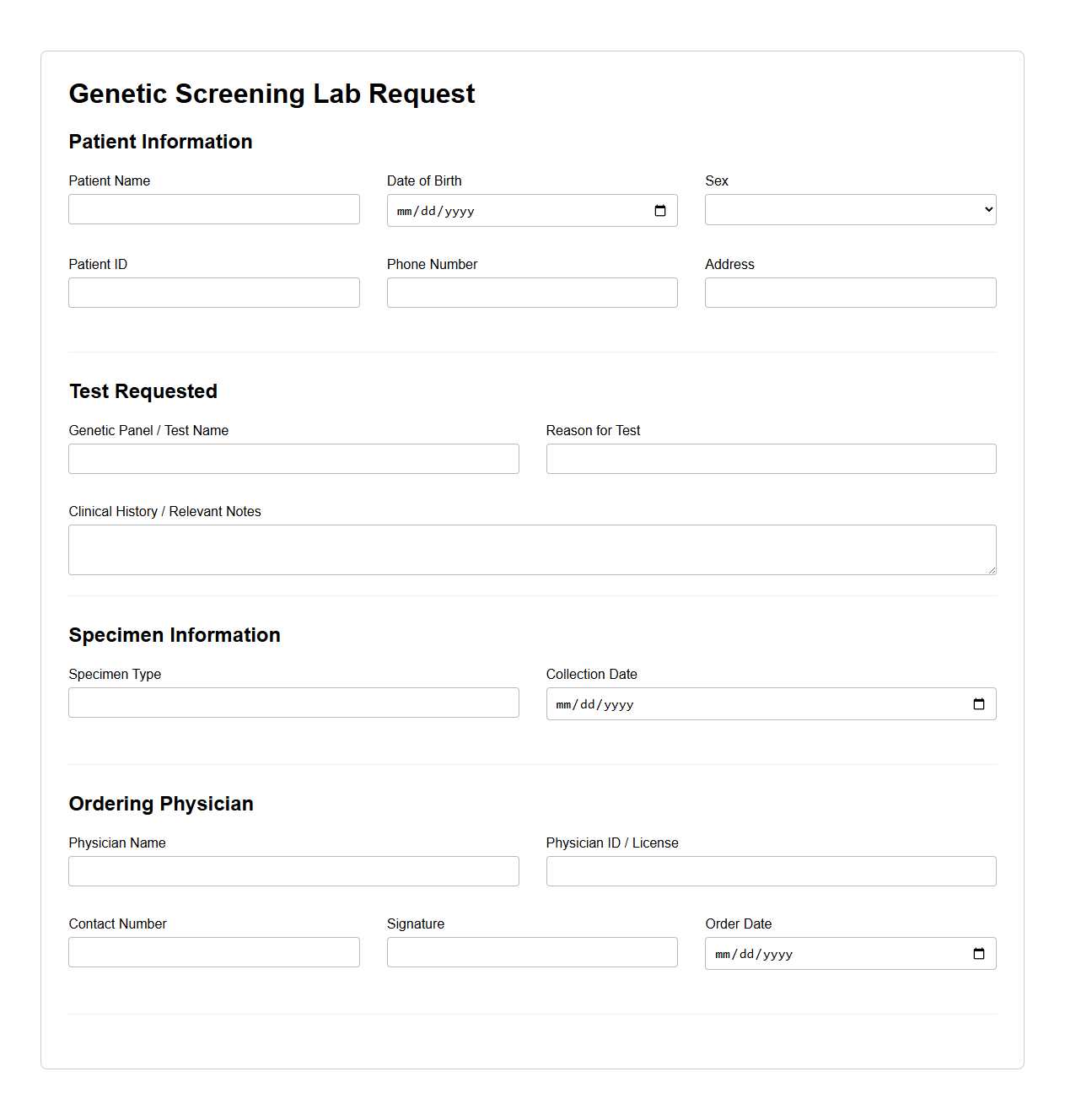Genetic Screening Lab Request Document Sample