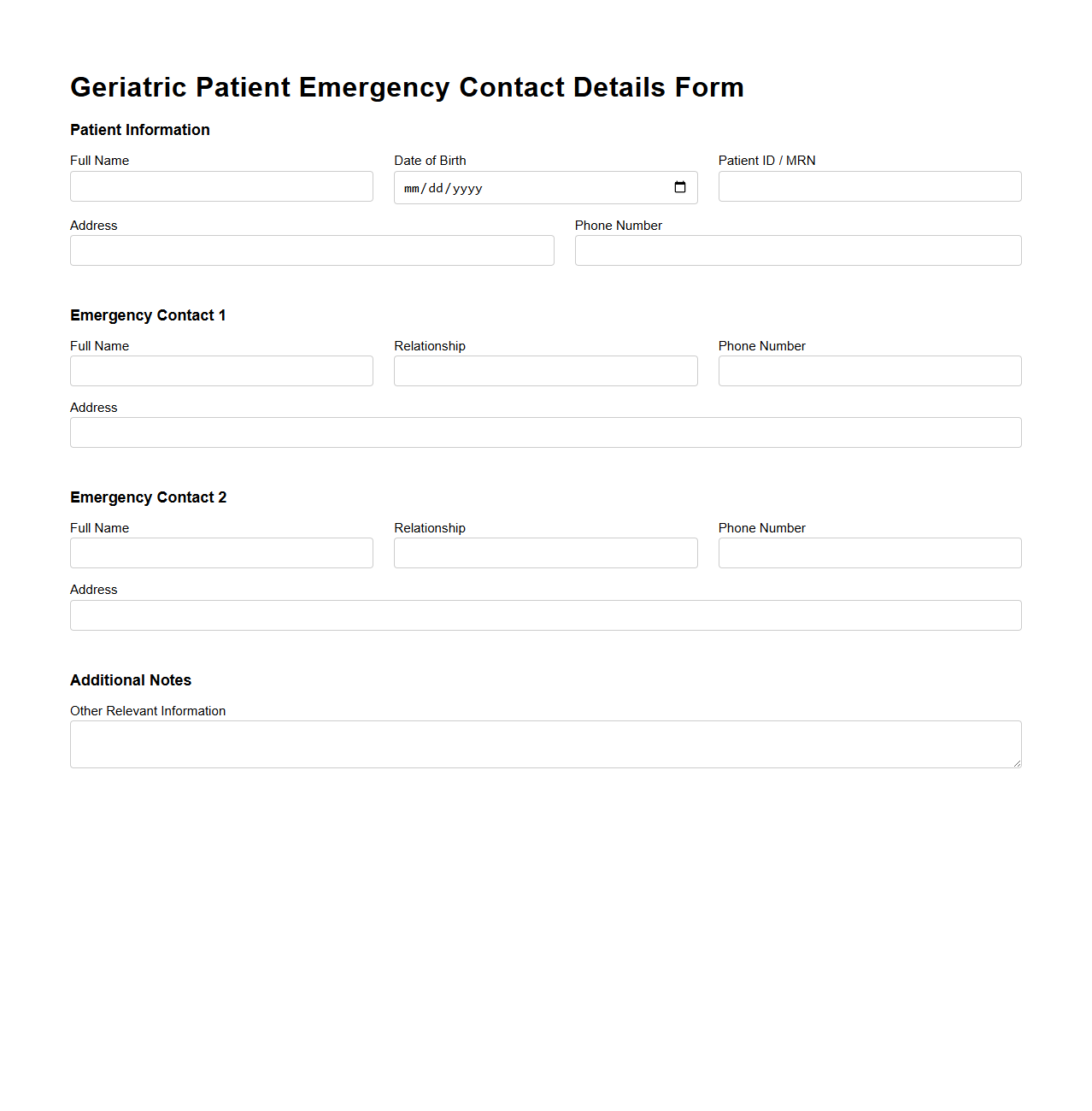 Geriatric Patient Emergency Contact Details Form
