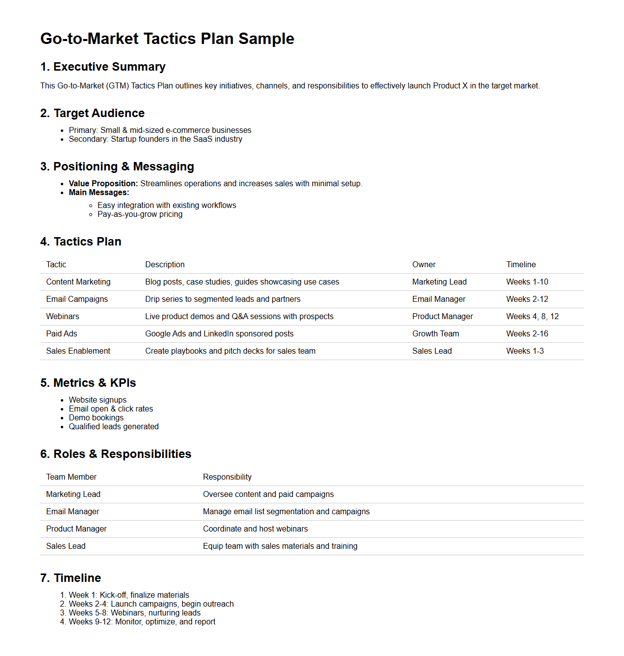 Go-to-Market Tactics Plan Sample
