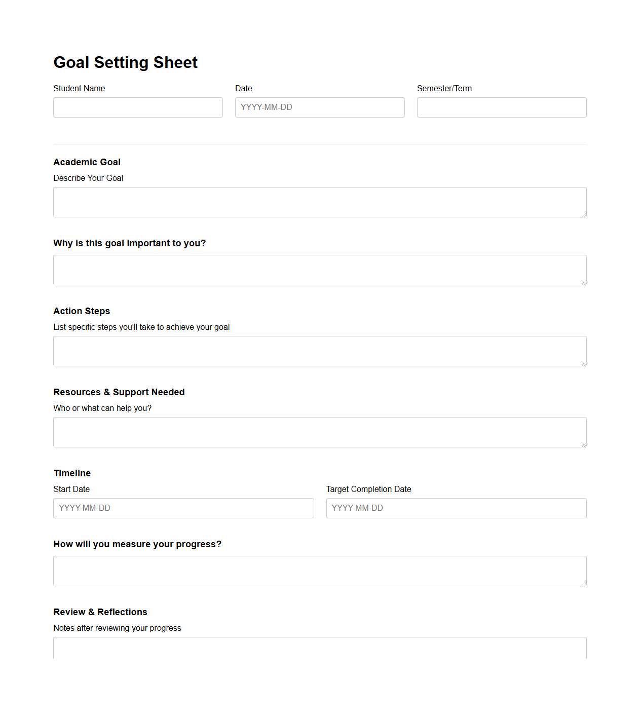 Goal Setting Sheet for Student Academic Development