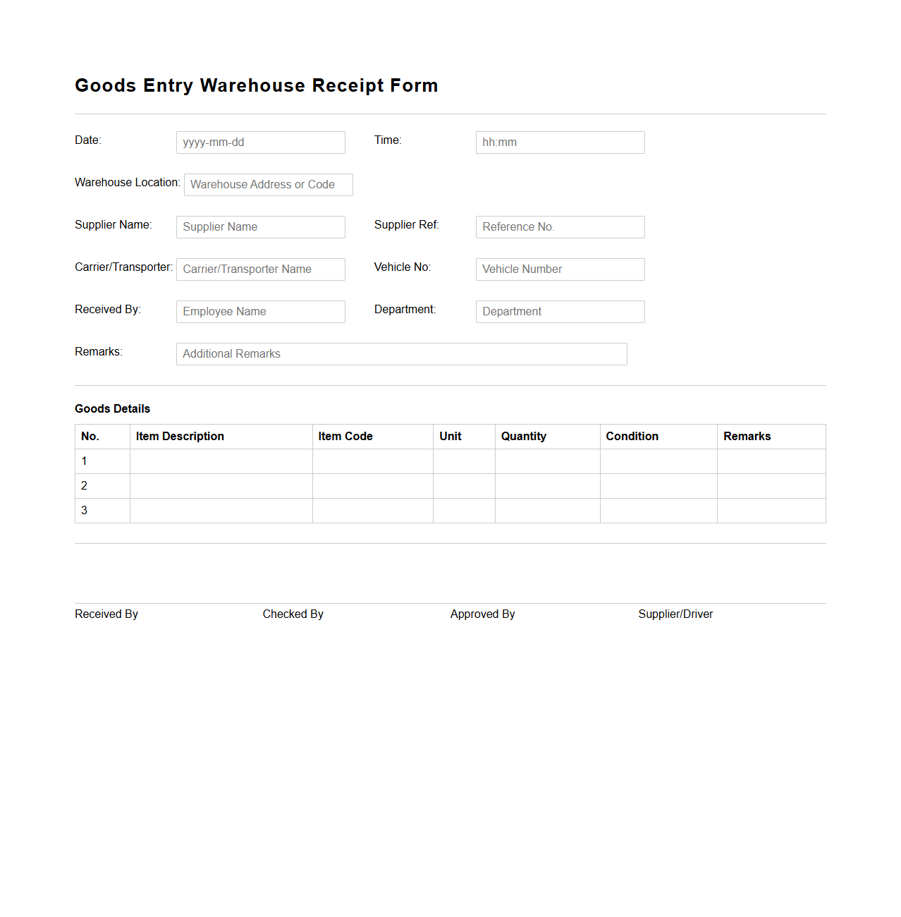 Goods Entry Warehouse Receipt Form Example
