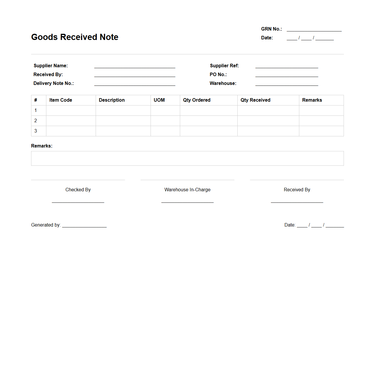 Goods Received Note Template for Warehouse Operations