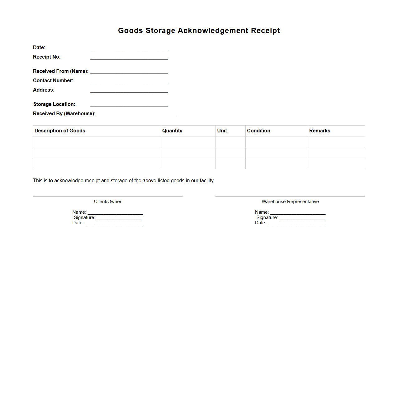 Goods Storage Acknowledgement Receipt Document