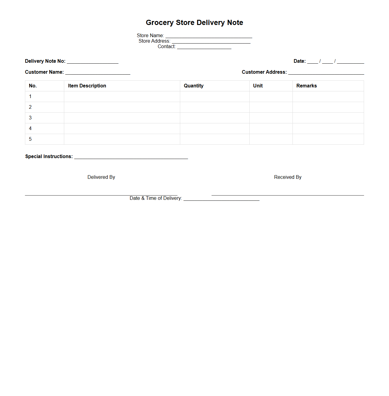 Grocery Store Delivery Note Example