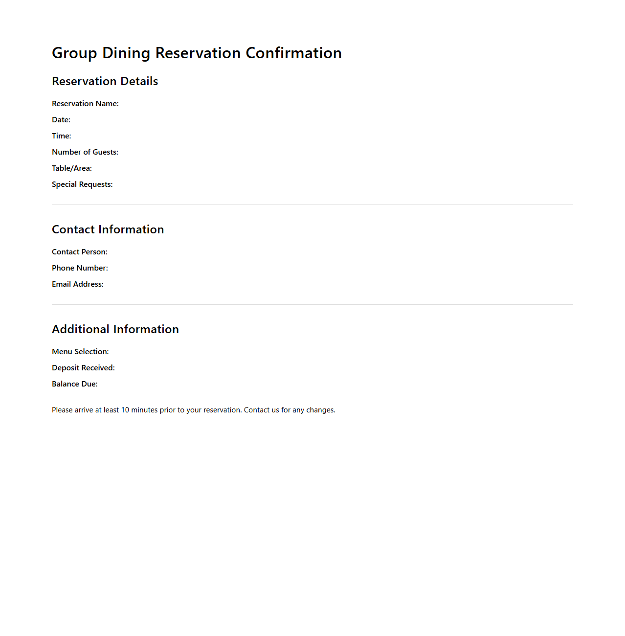 Group Dining Reservation Confirmation Template