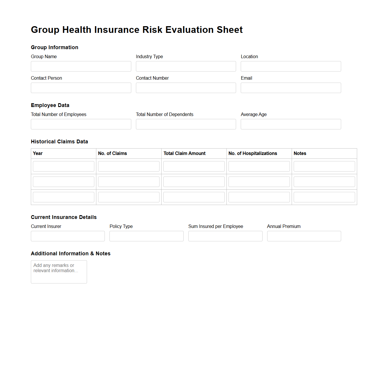 Group Health Insurance Risk Evaluation Sheet