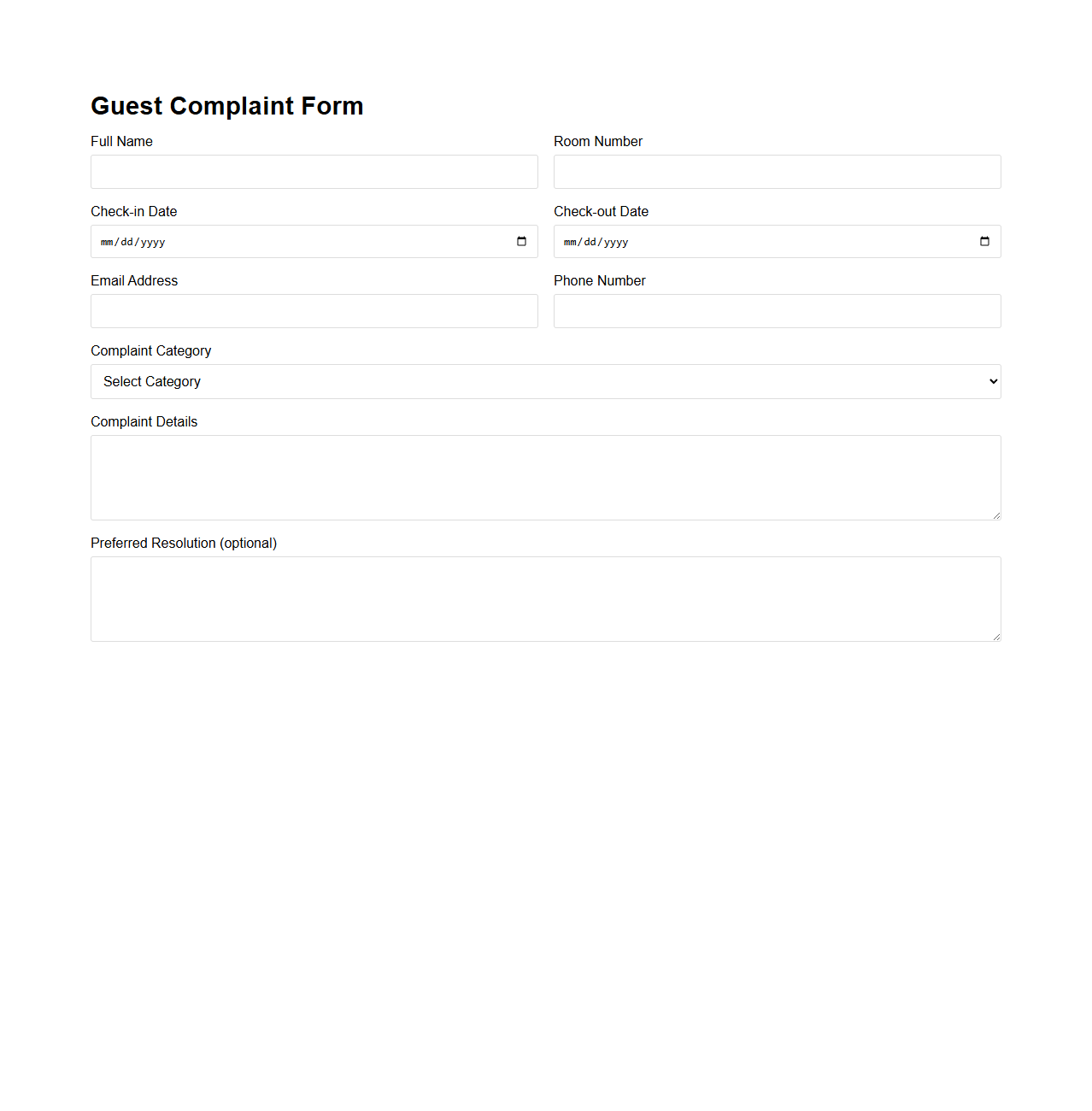 Guest Complaint Form for Hotel Customer Service