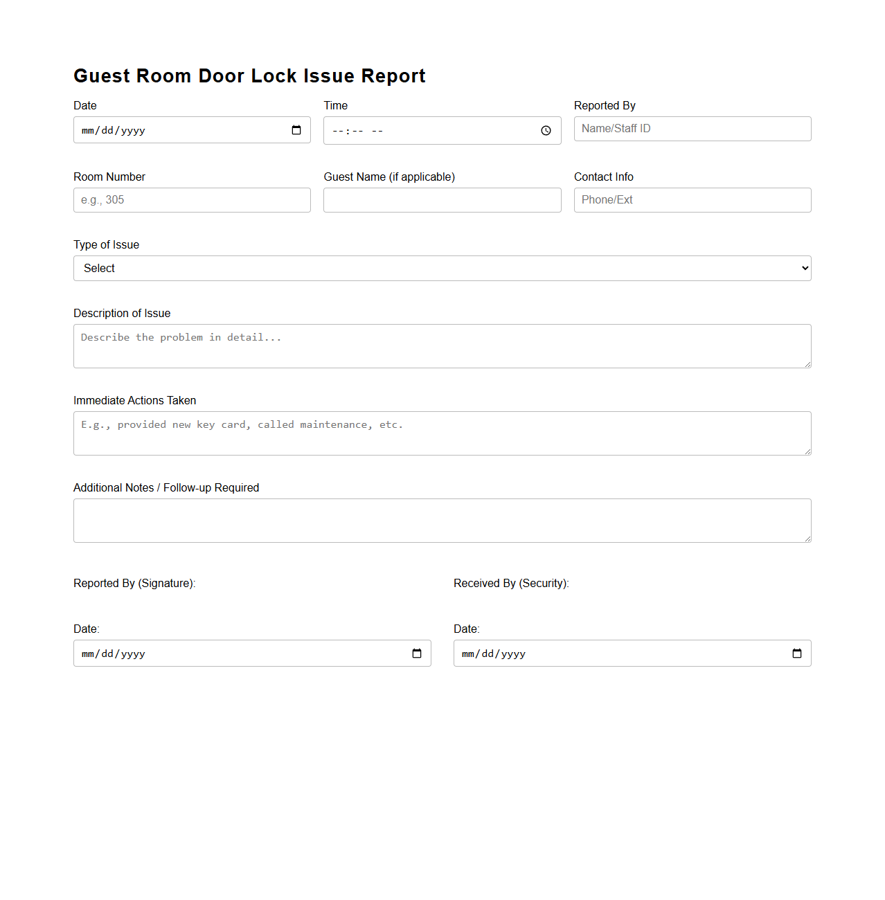 Guest Room Door Lock Issue Report Template for Hotel Security