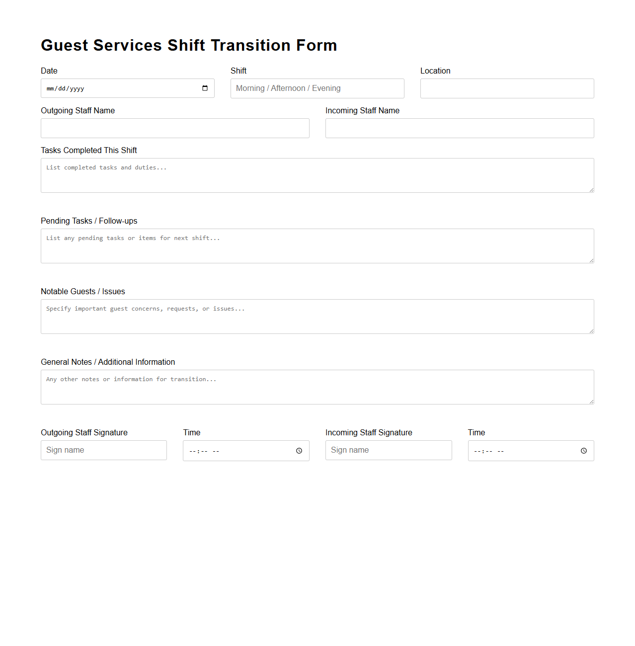 Guest Services Shift Transition Form