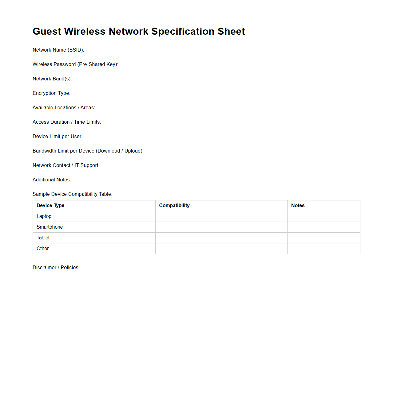Guest Wireless Network Specification Sheet