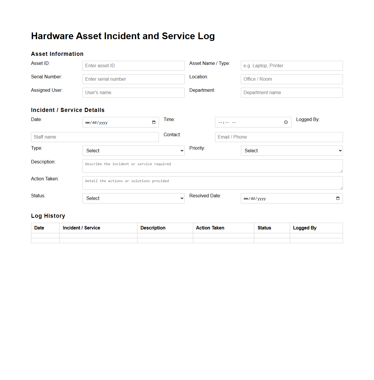 Hardware Asset Incident and Service Log