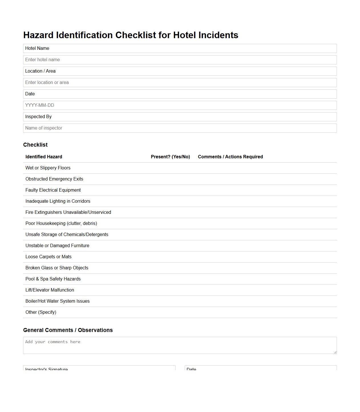 Hazard Identification Checklist for Hotel Incidents