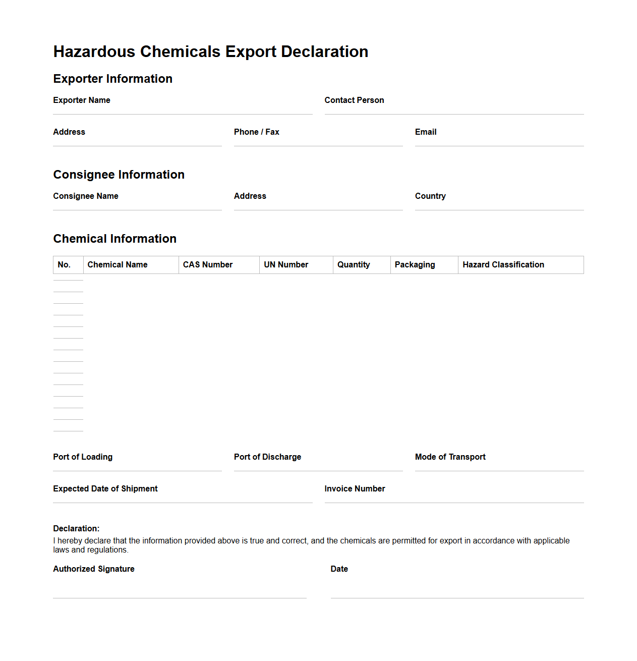 Hazardous Chemicals Export Declaration Sample