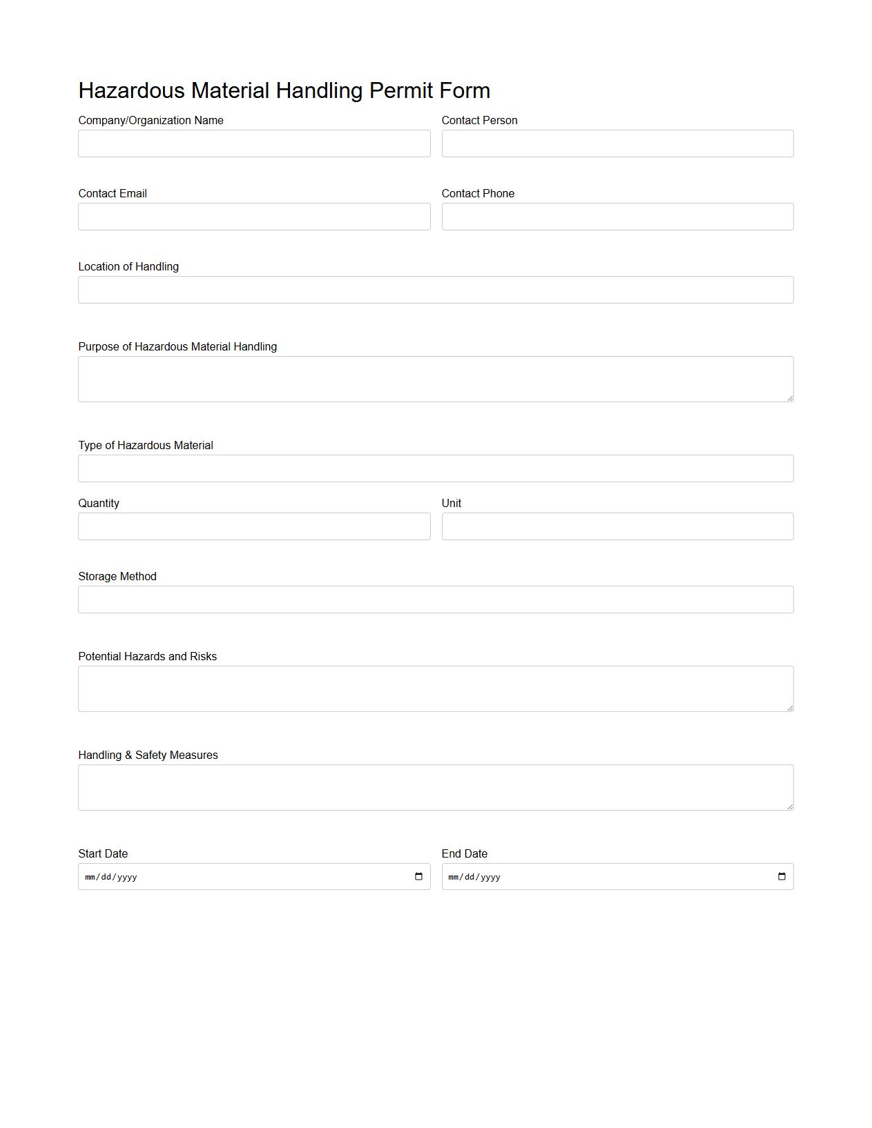 Hazardous Material Handling Permit Form Example