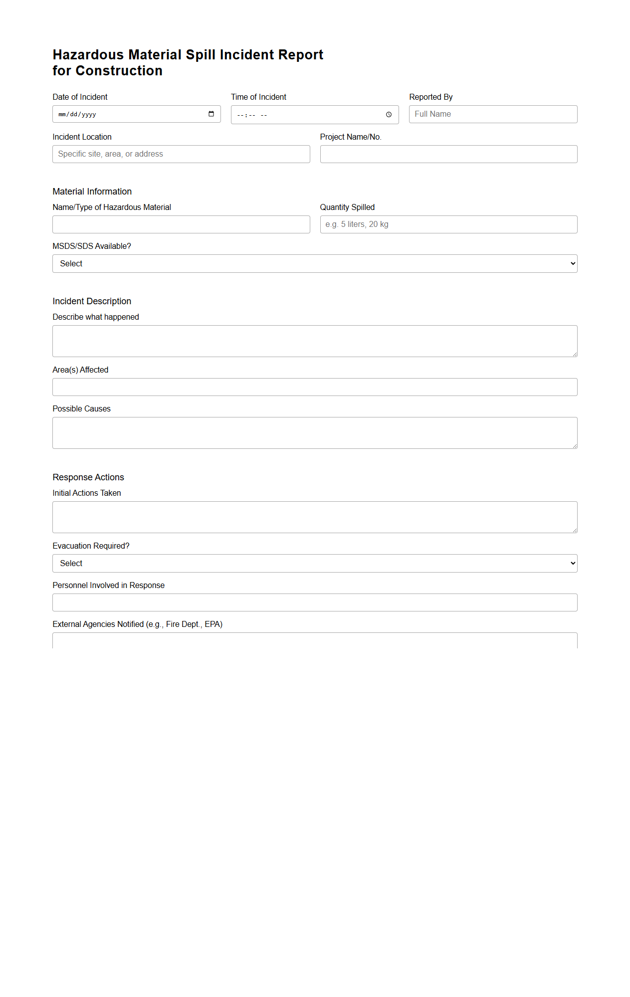 Hazardous Material Spill Incident Report for Construction