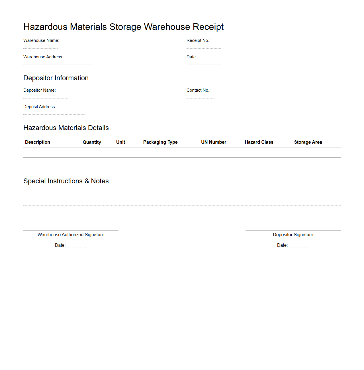 Hazardous Materials Storage Warehouse Receipt Sample