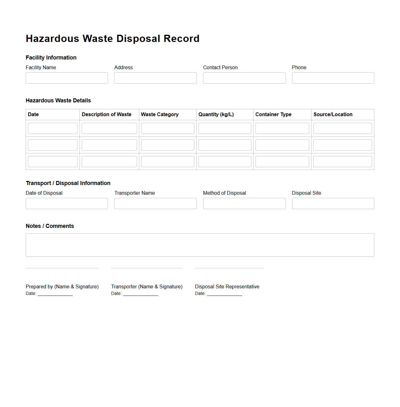 Hazardous Waste Disposal Record Template