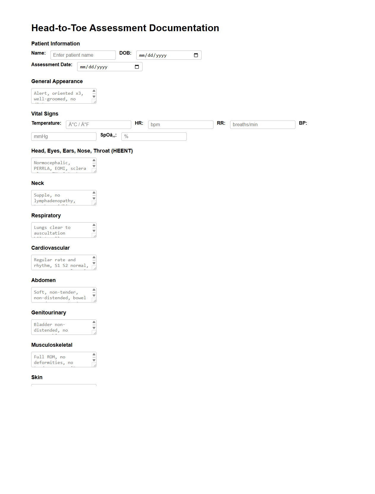 Head-to-Toe Assessment Documentation Example