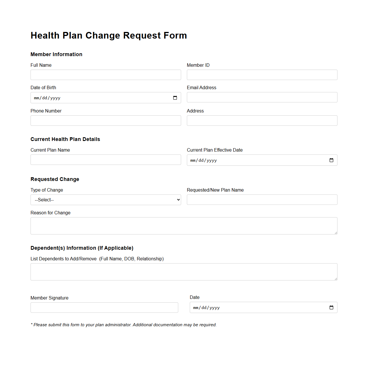 Health Plan Change Request Form Sample