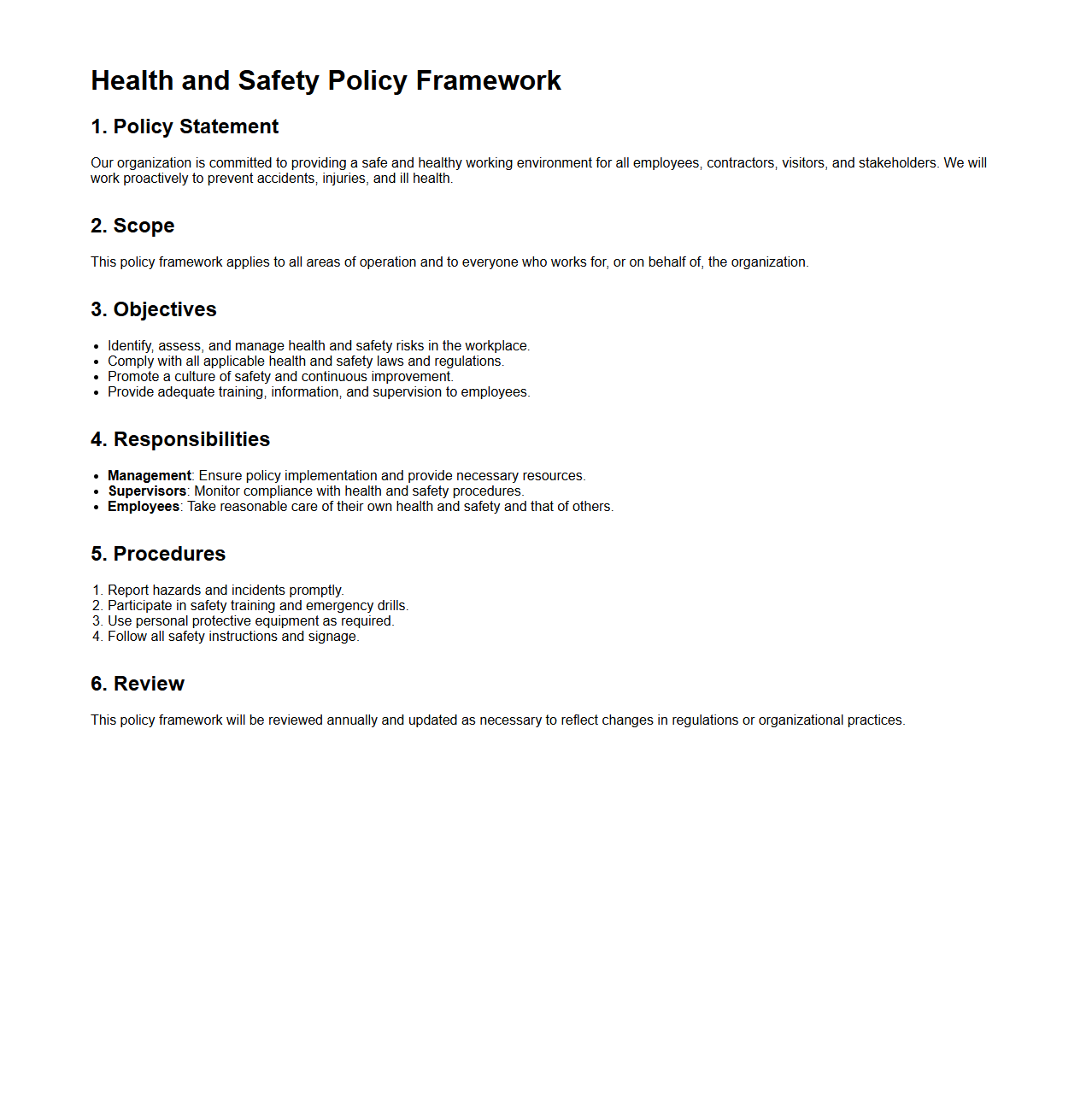 Health and Safety Policy Framework