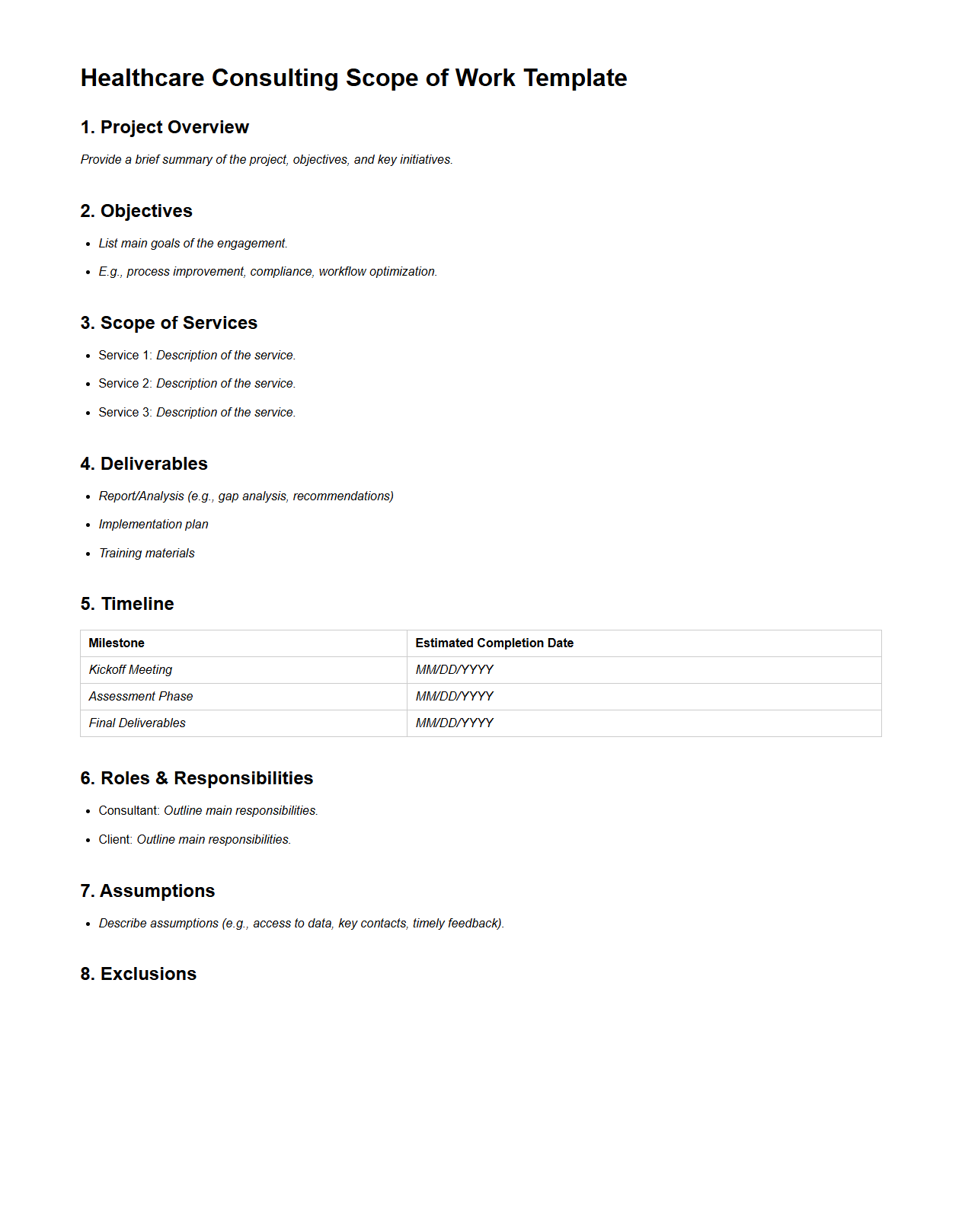 Healthcare Consulting Scope of Work Template