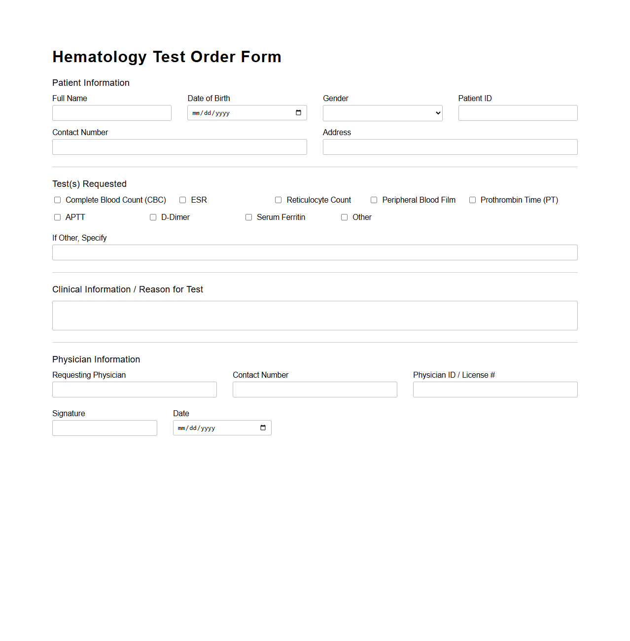 Hematology Test Order Form Example
