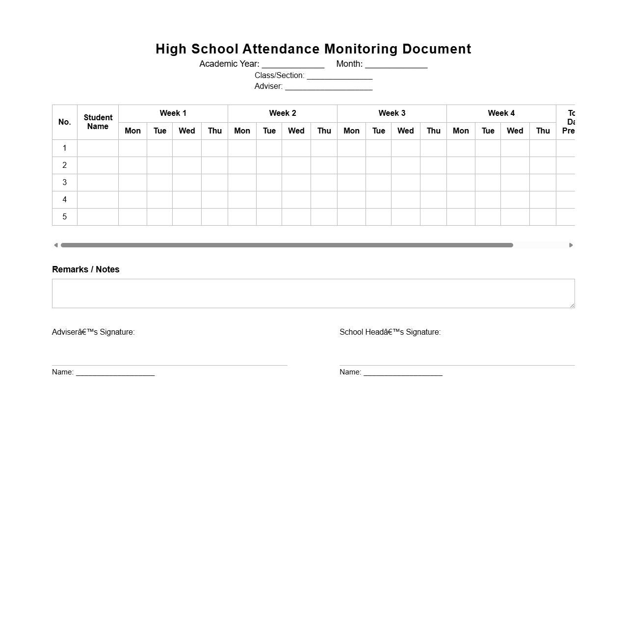 High School Attendance Monitoring Document