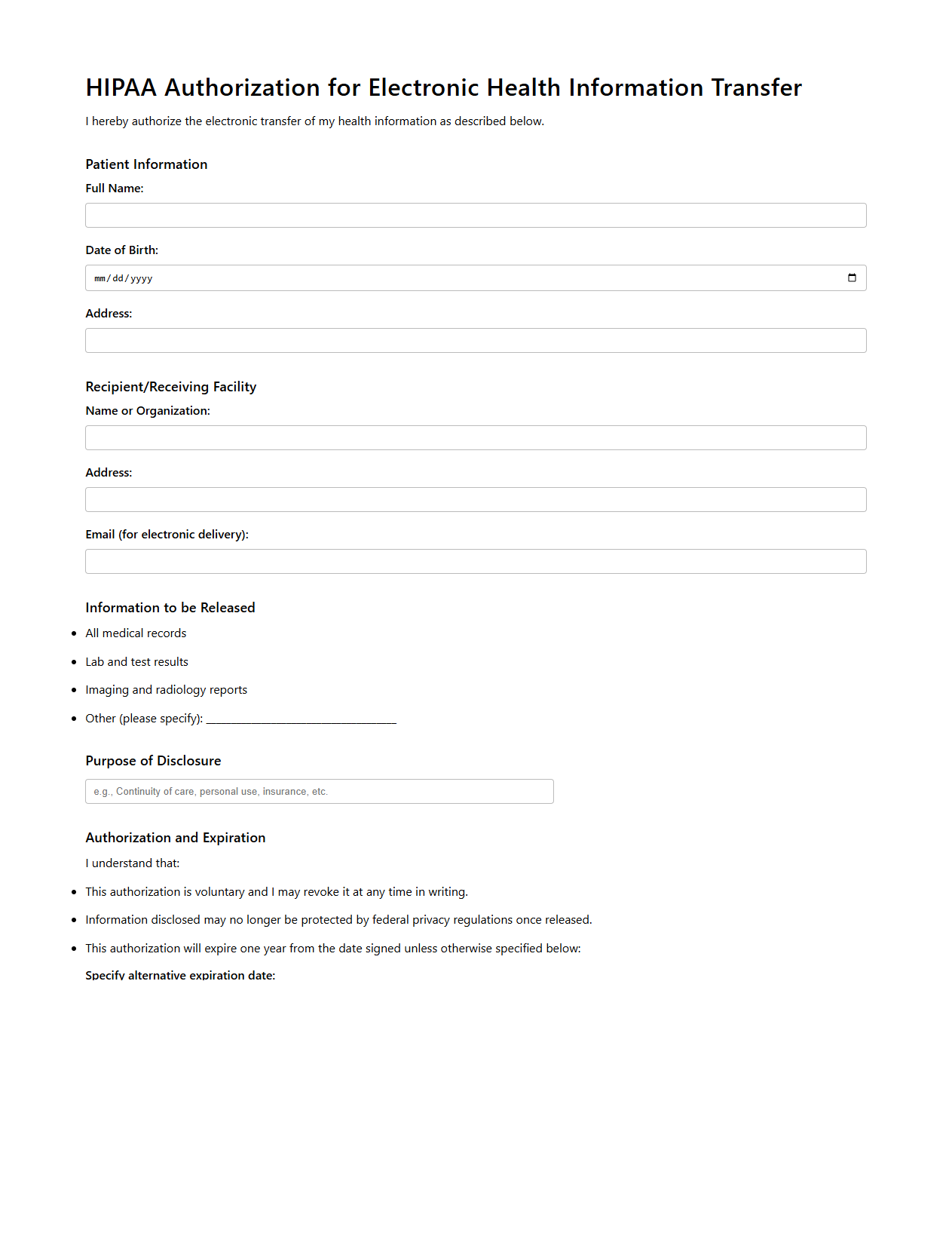 HIPAA Authorization Sample for Electronic Health Information Transfer