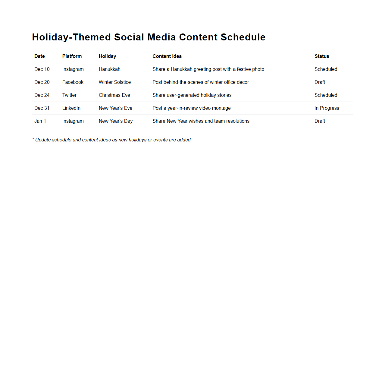 Holiday-Themed Social Media Content Schedule