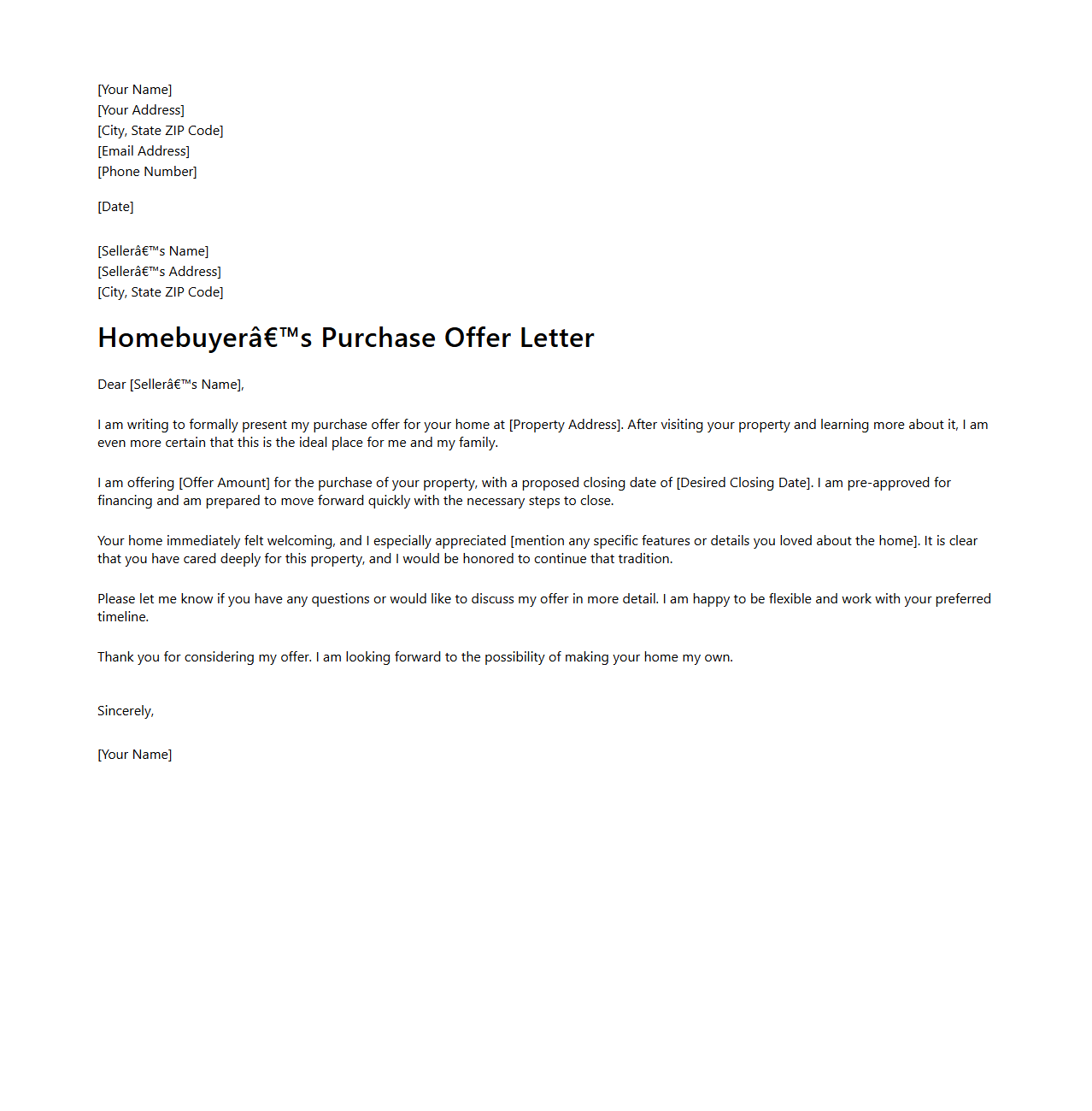 Homebuyer’s Purchase Offer Letter Sample