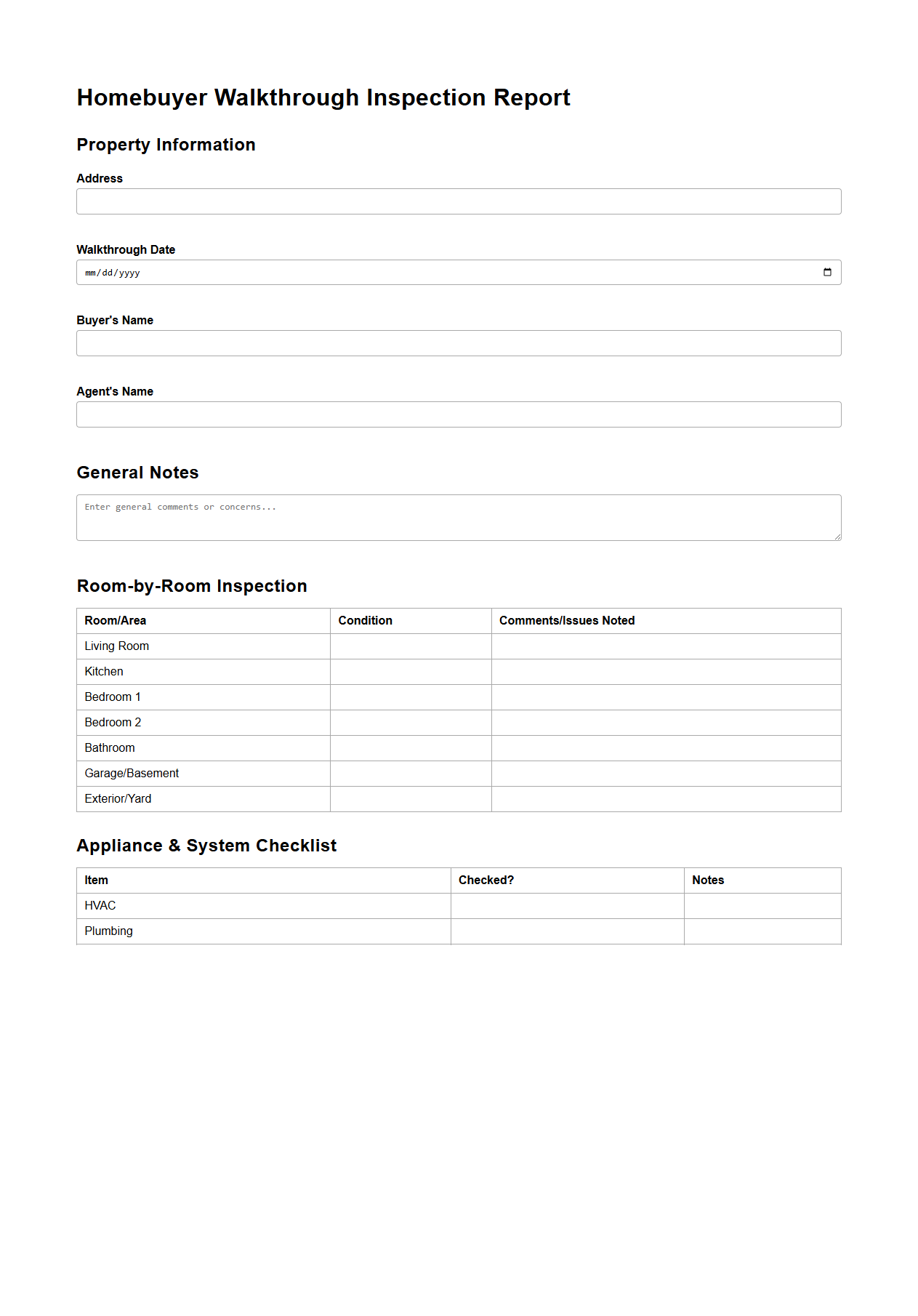 Homebuyer Walkthrough Inspection Report Template