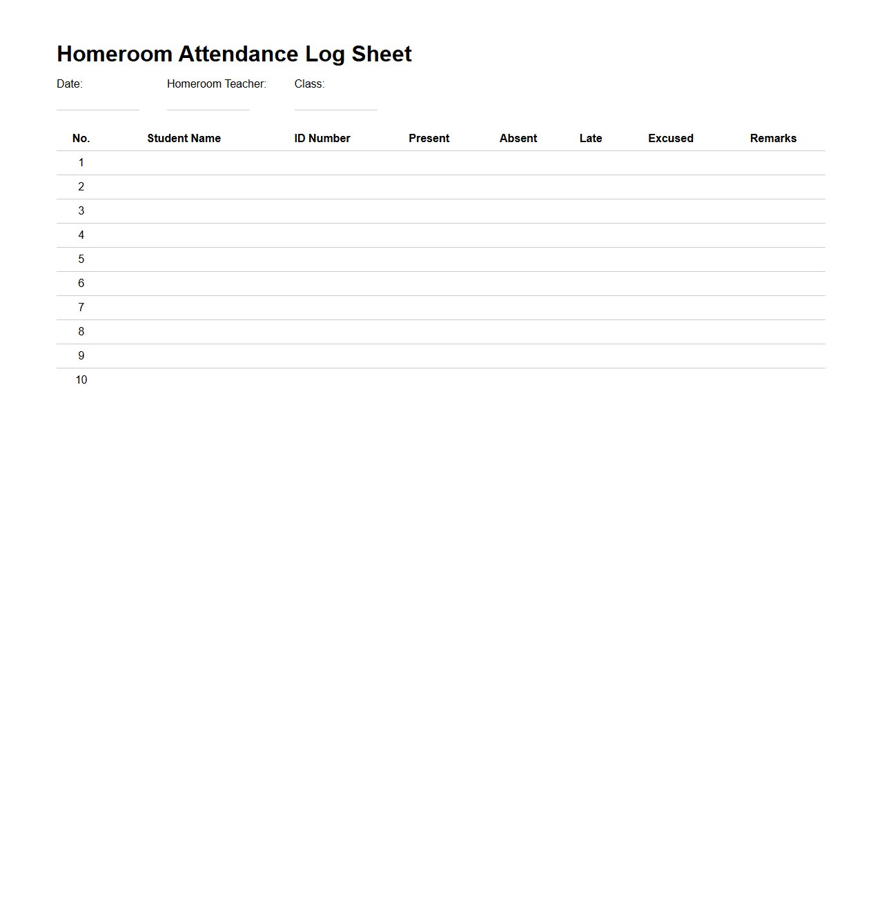 Homeroom Attendance Log Sheet