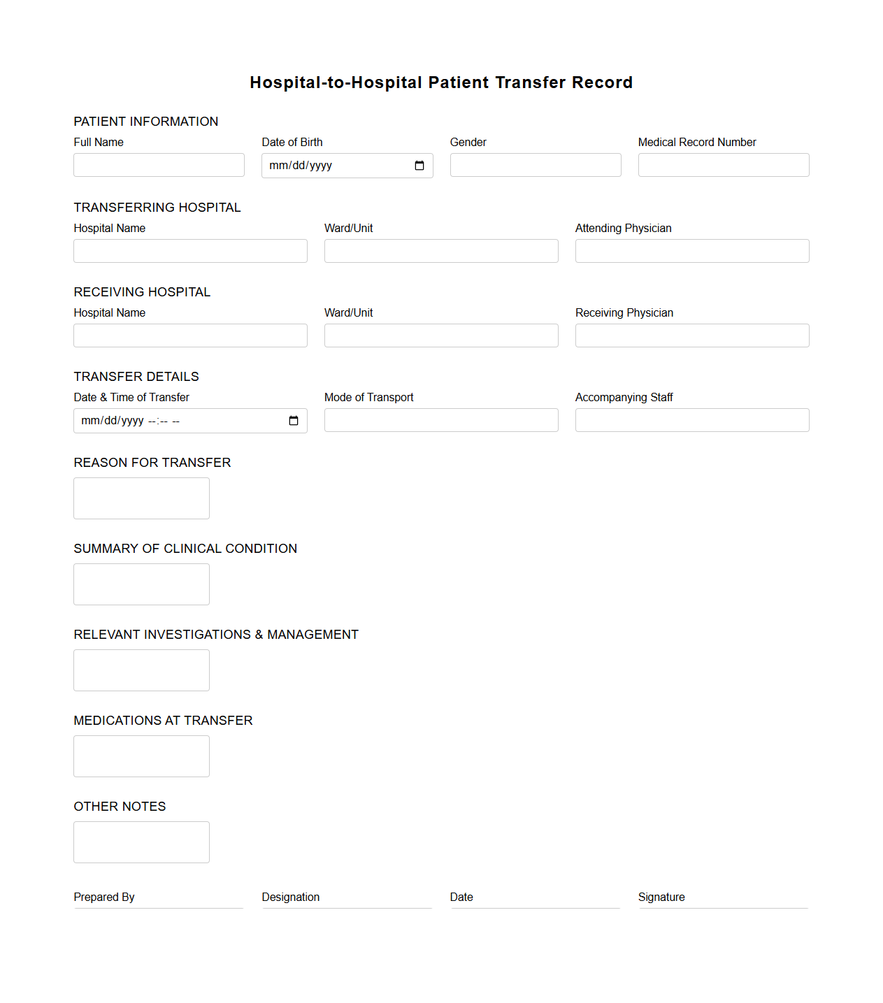 Hospital-to-Hospital Patient Transfer Record