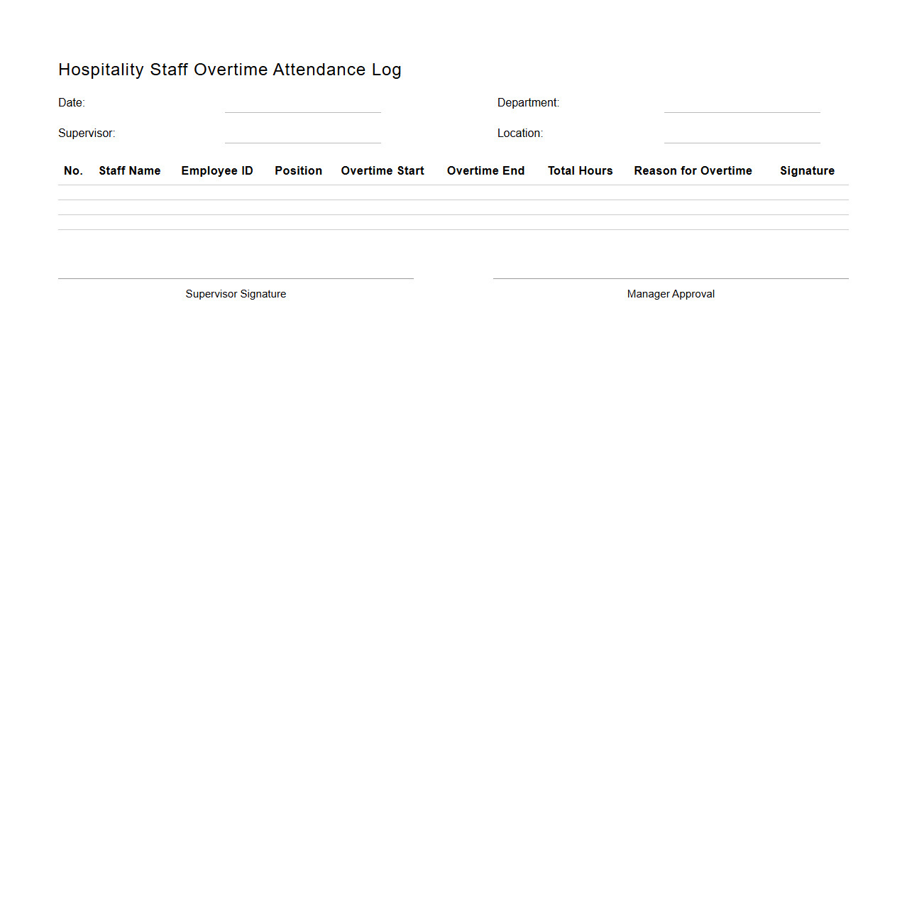 Hospitality Staff Overtime Attendance Log