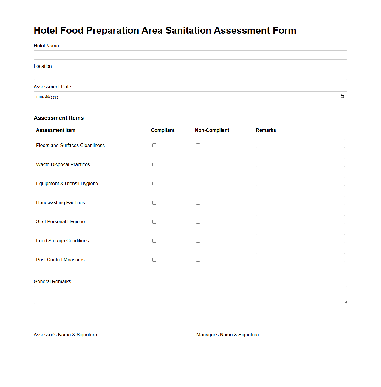 Hotel Food Preparation Area Sanitation Assessment Form