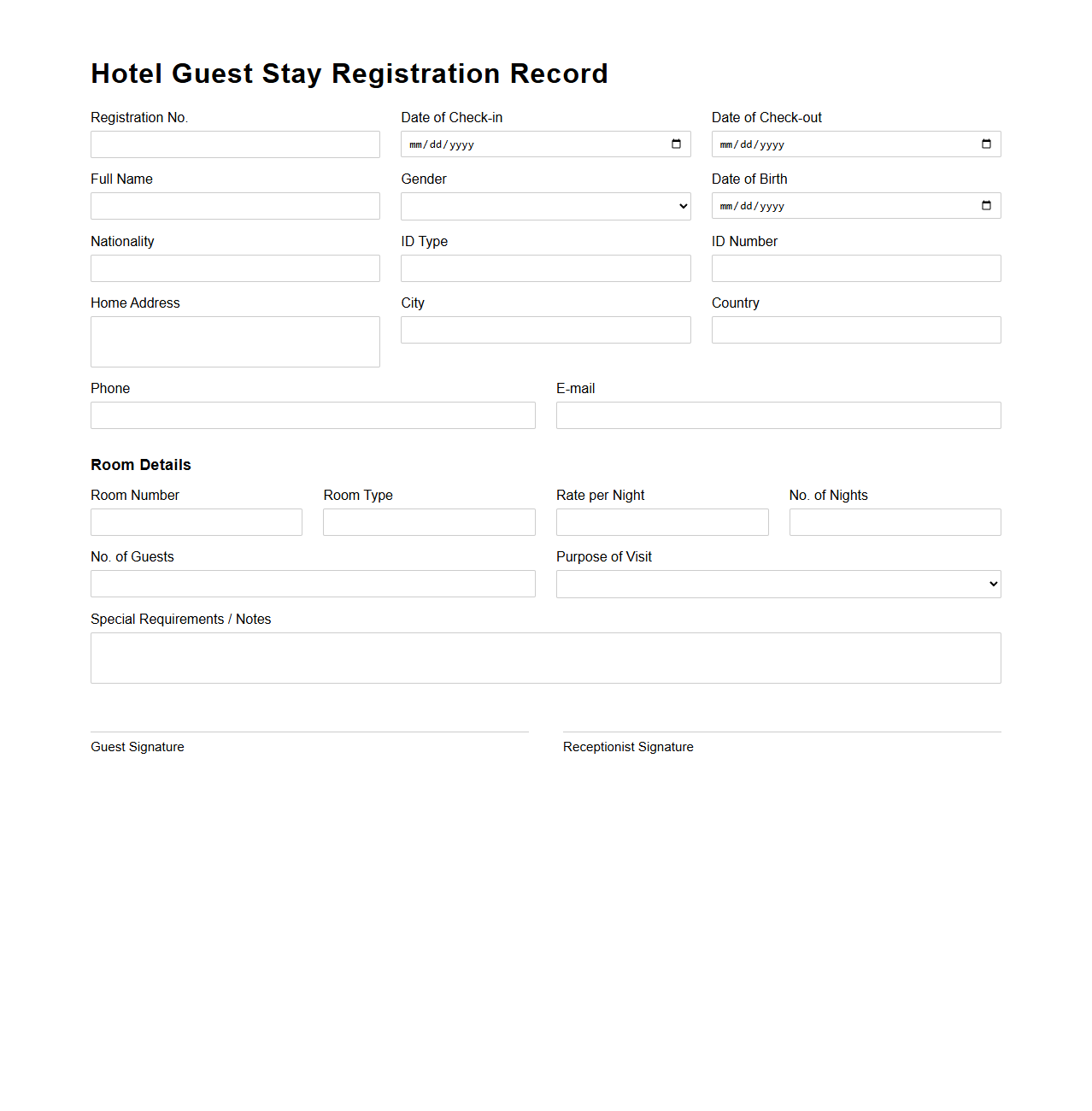 Hotel Guest Stay Registration Record